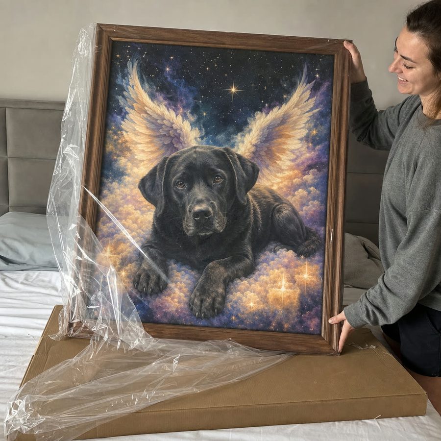 senior black dog unboxing — customer photo