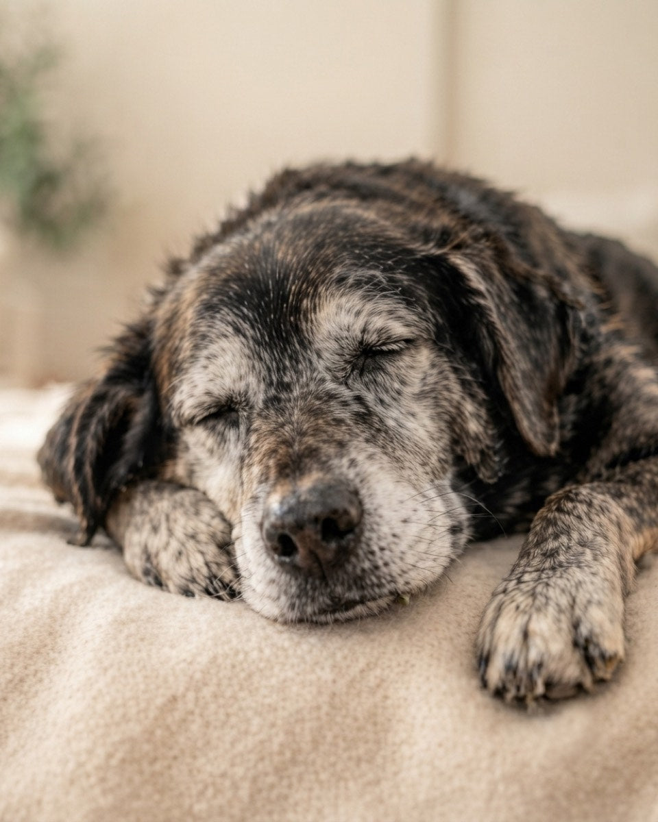 Stage 1 — Nora B.'s recent phone photo of Buster on the garden bench, gray muzzle and patient gaze