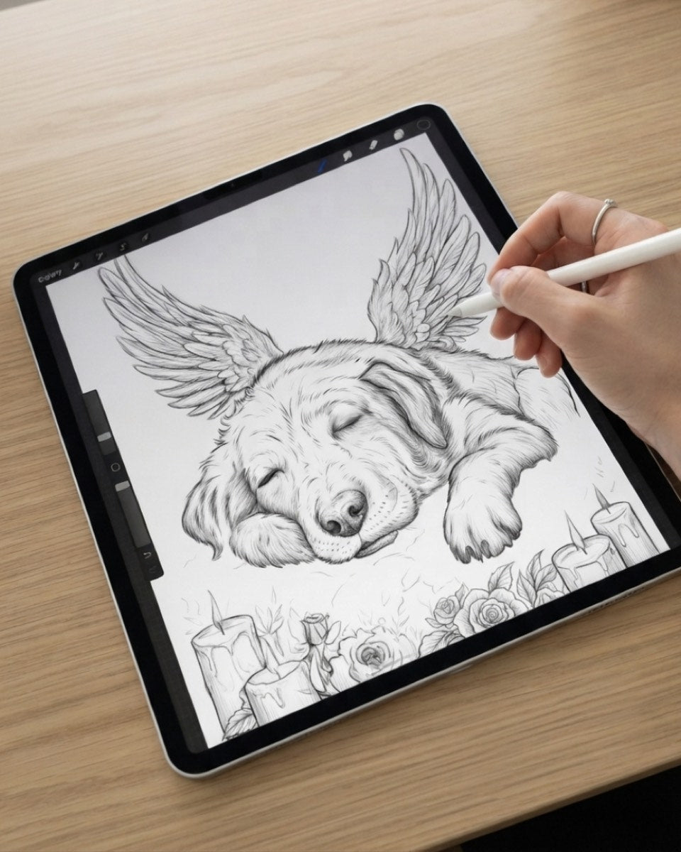 Stage 2 — Pencil concept sketch by your matched PetSoul senior artist — composition, pose, and tender mood worked out before oil