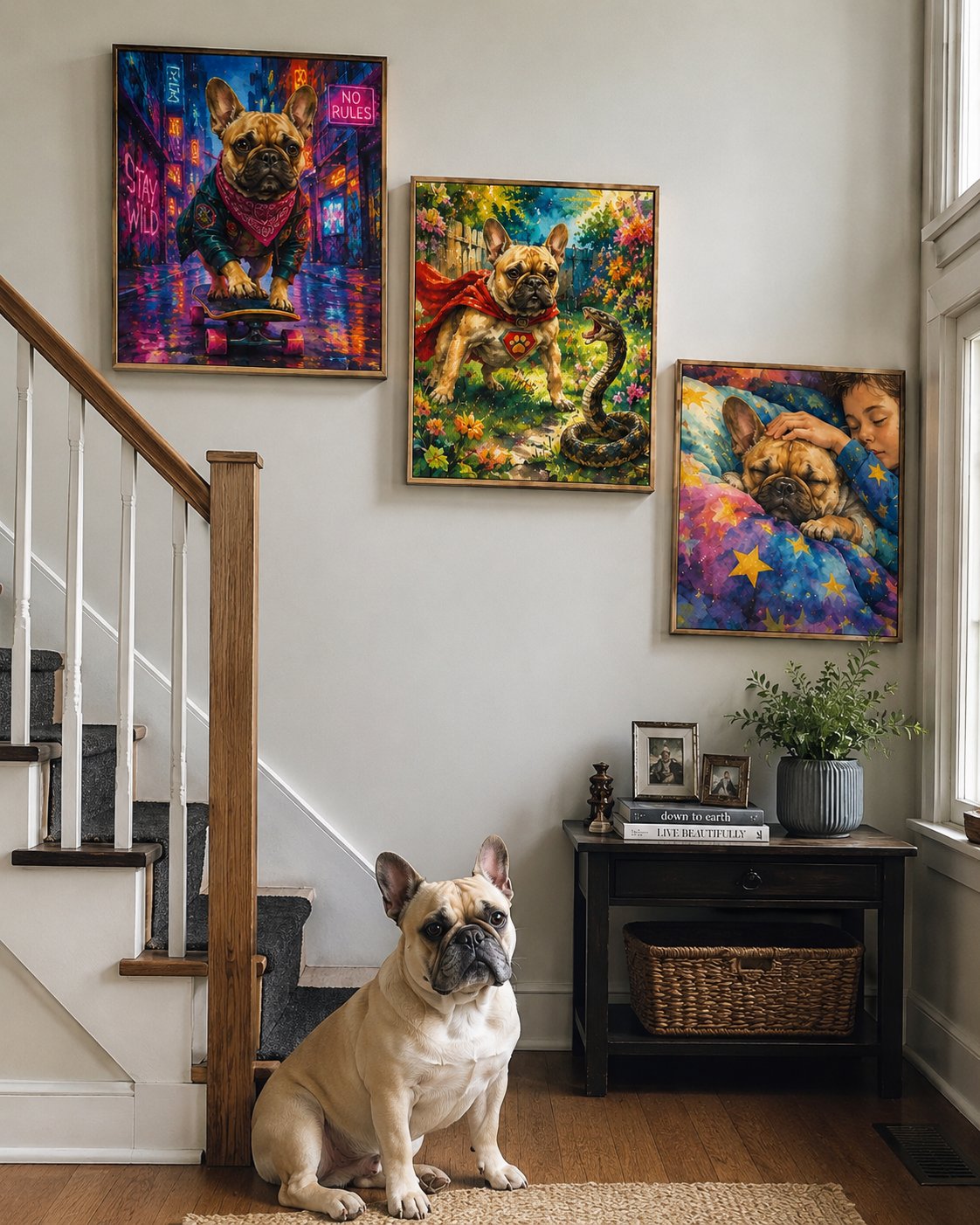 Milestone Trio installed — three cheerful pet portraits in Timeless Oil
