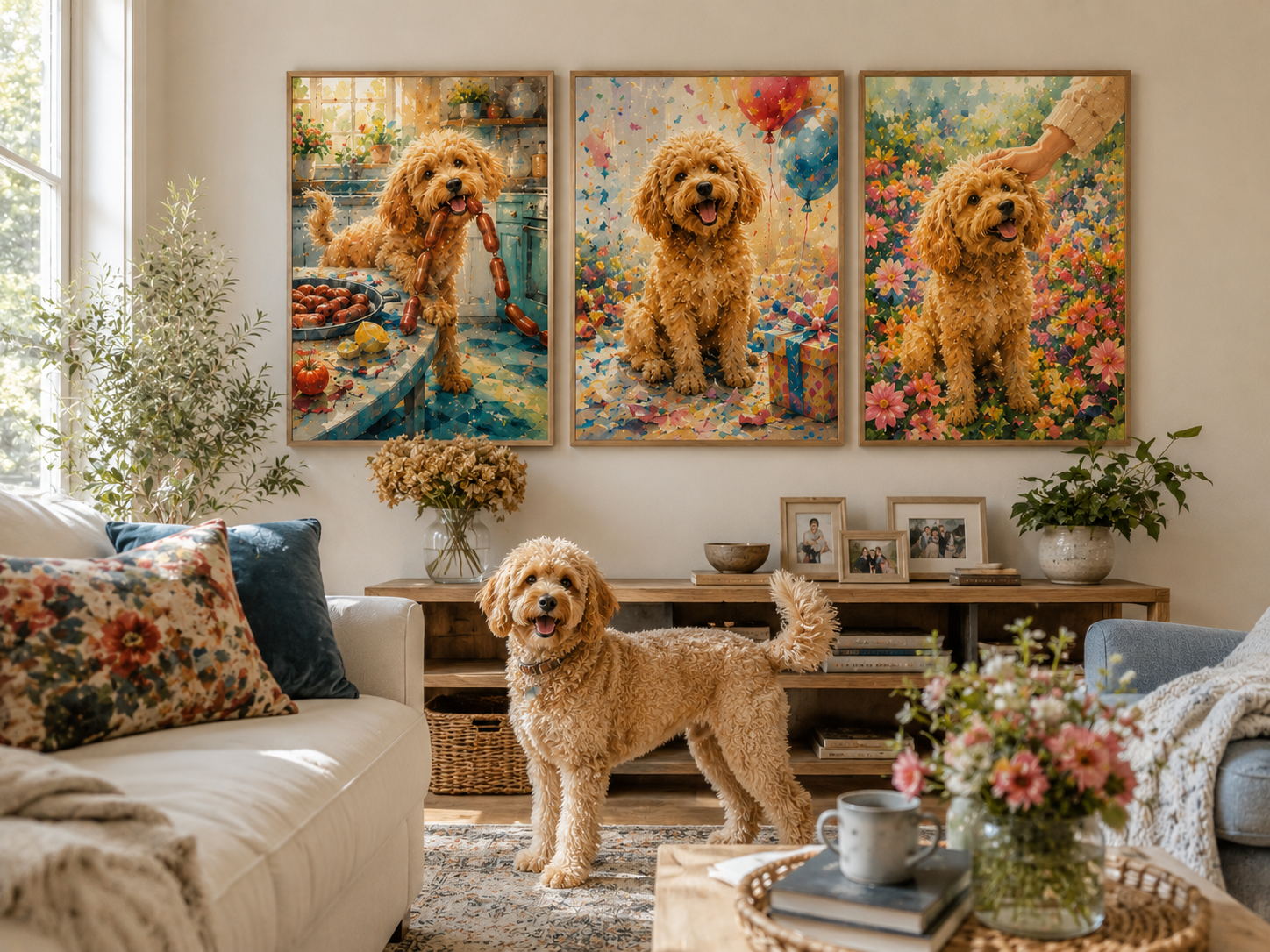 Max — three chapters of his life hand-illustrated as a Gallery Wall trio, with Max himself in his favorite spot
