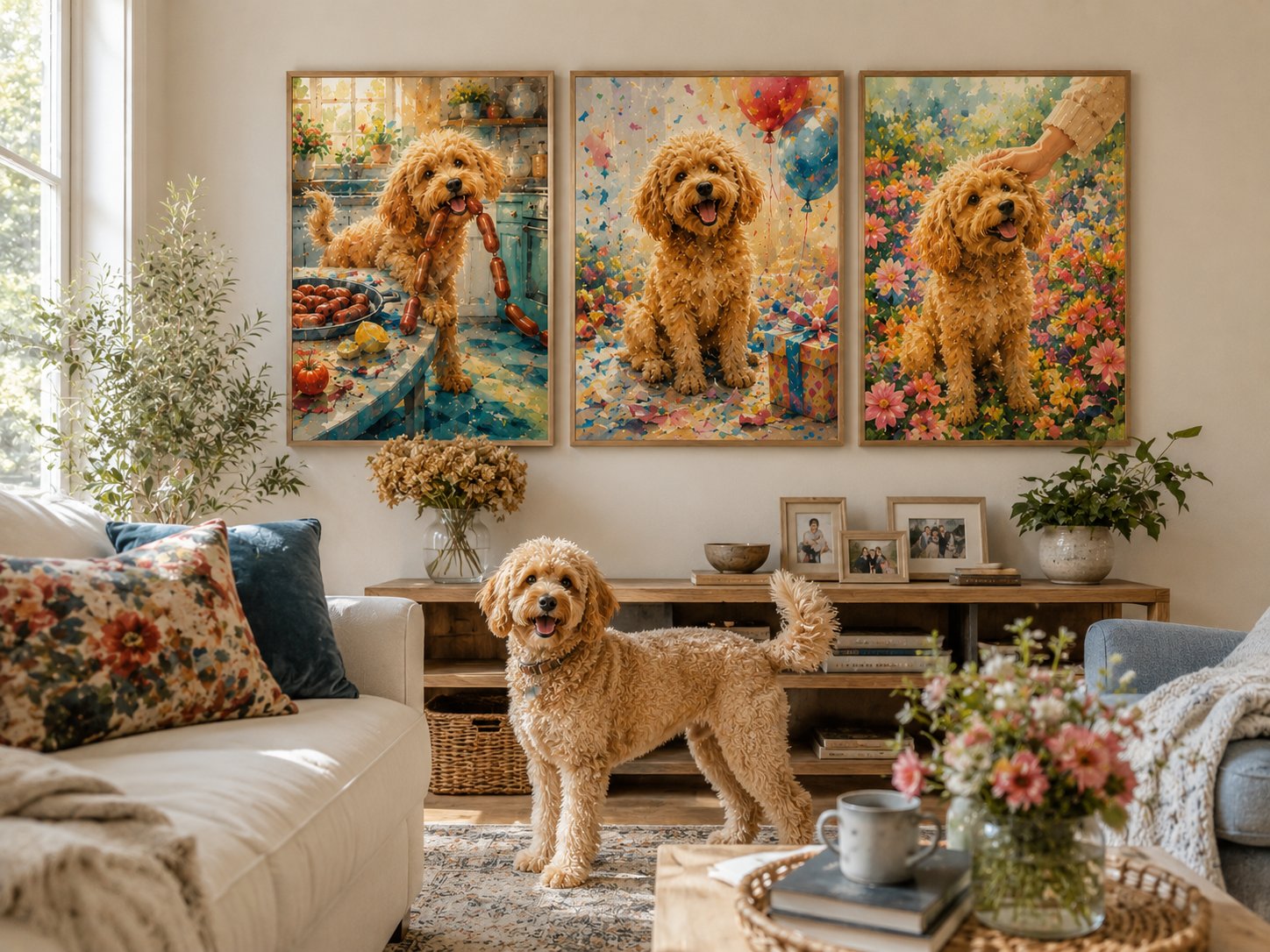 Three-panel milestone gallery set in bedroom