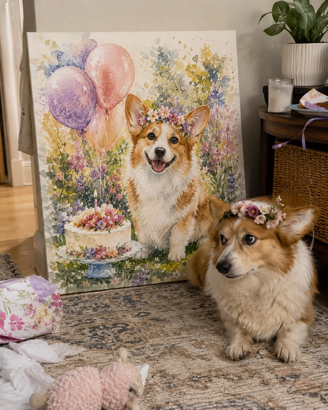 Lisa R.'s Celebration Pet Portrait — Charlie's 5th-birthday cake portrait in Walnut-Tone Framed Canvas hanging in her Brooklyn kitchen