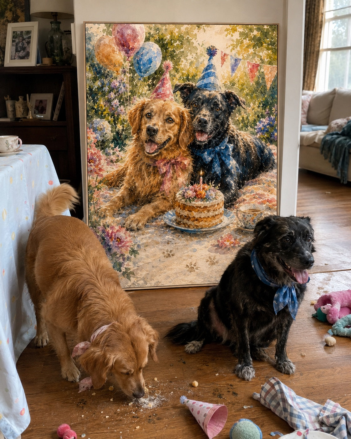Lisa R.'s Brooklyn kitchen wall — where Another Year of Perfect (Charlie's 5th-birthday cake portrait) hangs above the cake-and-candles spread