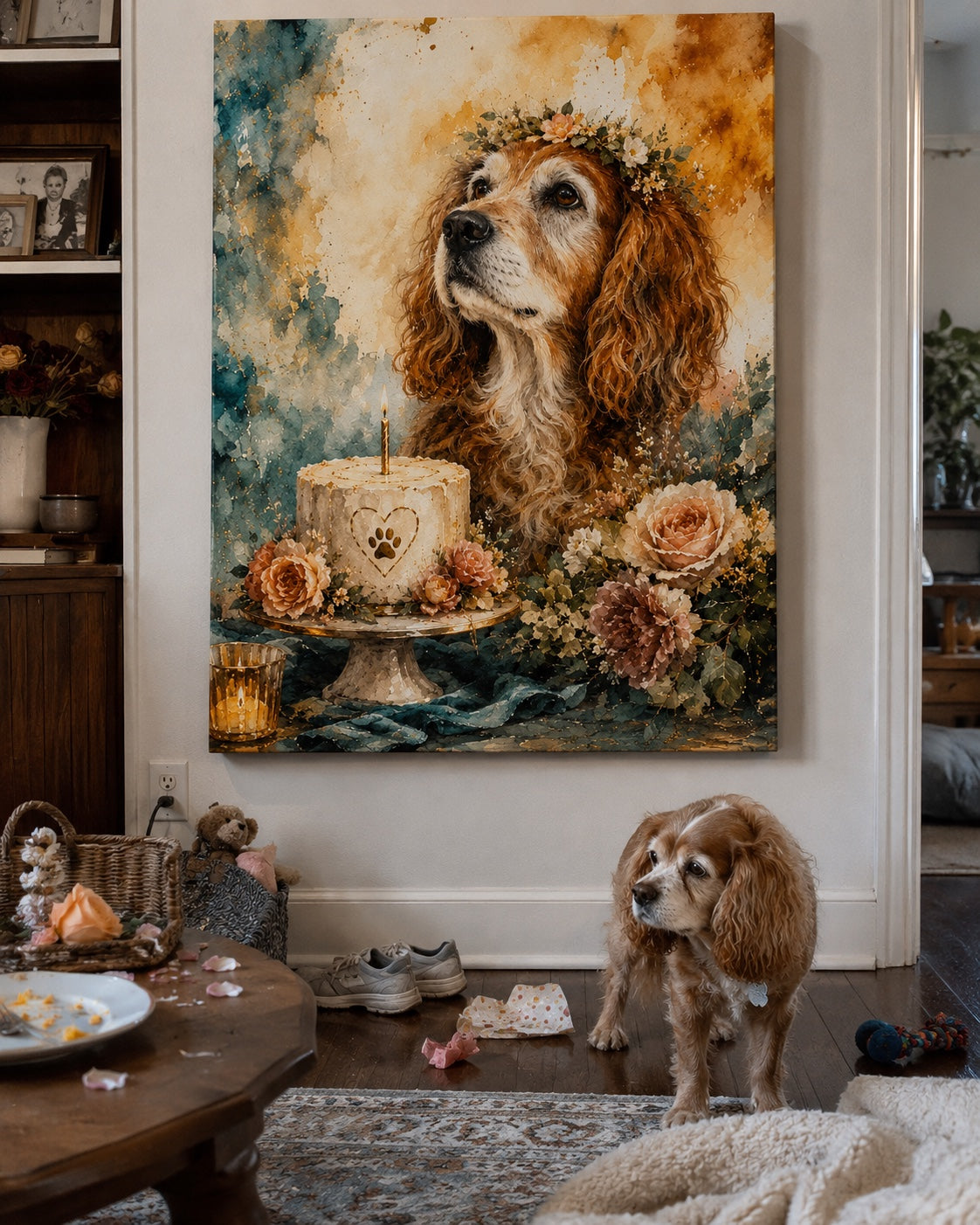 Stage 3 — Final Soft Watercolor Memories illustration of Charlie facing his 5th-birthday cake, hand-illustrated by your matched PetSoul artist