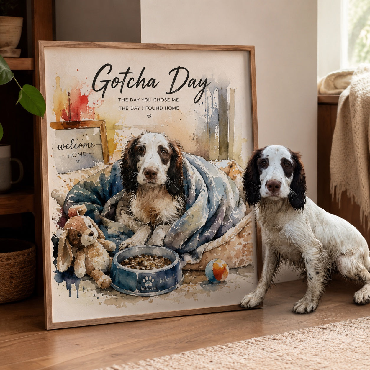 Welcome Home Pet Portrait — The Day They Came Home in Walnut-Tone Framed Canvas, hanging on a real entryway wall above a console with house keys