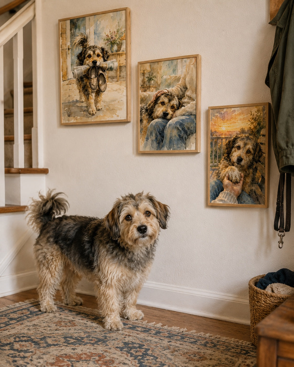 Stage 4 — Framed Walnut-Tone canvas hanging on Caleb & Maya P.'s entryway wall above the key-drop console