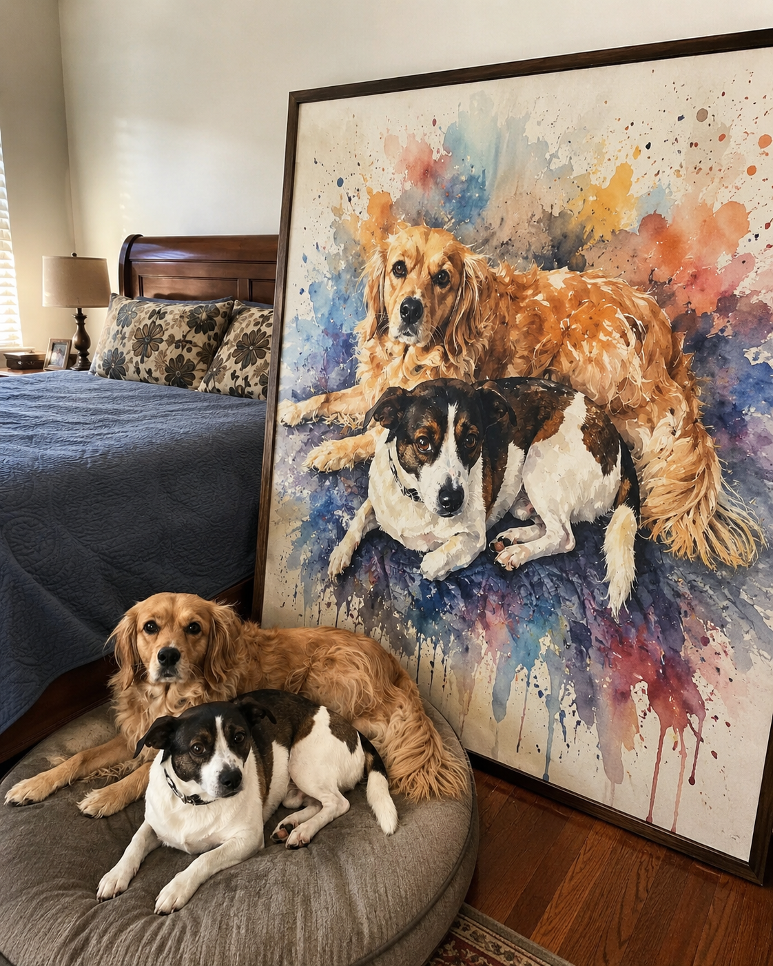 Couple and pet portrait, hand-illustrated soft watercolor