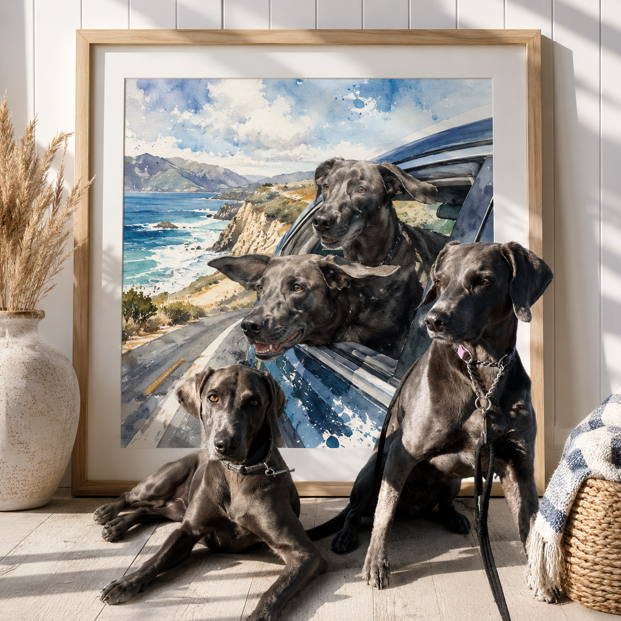 Together Trio installed — three coordinated paintings showing the bond between human and pet